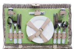 Picknickkorb-Set -B24 für 4 Personen, Weiden-Korb, Porzellan Edelstahl ~ grau-grün ^ MCW Discount