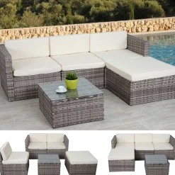 Poly-Rattan-Garnitur -D28, Gartengarnitur Sofa Set ~ grau, Polster creme ohne Deko-Kissen/Abdeckung ^ MCW New