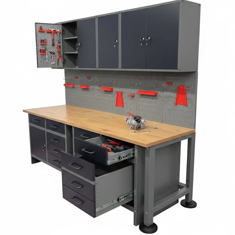 Prestige Works Werkstattwand Werkstatt Set Metall 240cm Werkbank Werkzeugschrank New