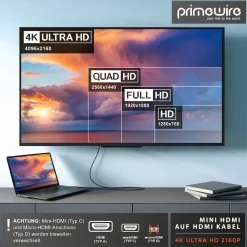 8K HDMI auf Mini HDMI Adapterkabel 2.1, 4K 3840 x 2160 @ 60 Hz - 7,5m ^ Primewire Clearance