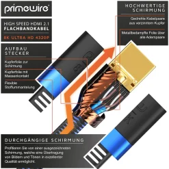 8k HDMI Kabel 2.1 - Flachbandkabel Ultra High Speed II Ethernet, 8K UHD II, 3D TV, eARC, HDR10+ 120 Hz mit DSC, 7680 x 4320, Verlegekabel - 1m ^ Primewire New