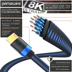8k HDMI Kabel 2.1 - Flachbandkabel Ultra High Speed II Ethernet, 8K UHD II, 3D TV, eARC, HDR10+ 120 Hz mit DSC, 7680 x 4320, Verlegekabel - 1m ^ Primewire New