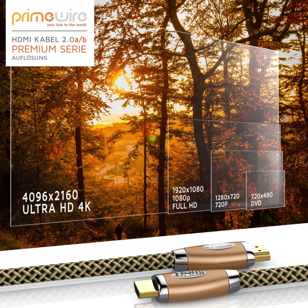 8k HDMI-Kabel 2.1, 4k Ultra HD 2160p, 3D, Nylonummantelung, Vollmetall Stecker, HDMI Typ A - 2m ^ Primewire Outlet