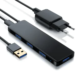 Primewire USB 3.2 Hub mit Netzteil, Ultra Slim 4-Port Verteiler, Datenhub für PC PS4 Notebook Netbook Laptop Ultrabook Tablet-PC MacBook, Bus-Powered Outlet
