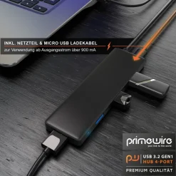 Primewire USB 3.2 Hub mit Netzteil, Ultra Slim 4-Port Verteiler, Datenhub für PC PS4 Notebook Netbook Laptop Ultrabook Tablet-PC MacBook, Bus-Powered Outlet