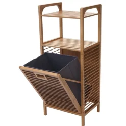 Regal mit Wäschekorb -B94, Wäschebox Wäschesammler Wäschebehälter Standregal Aufbewahrung, Bambus 95x40x30cm 28l ^ MCW Online