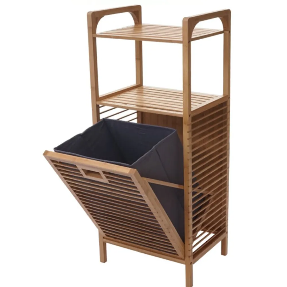 Regal mit Wäschekorb -B94, Wäschebox Wäschesammler Wäschebehälter Standregal Aufbewahrung, Bambus 95x40x30cm 28l ^ MCW Online