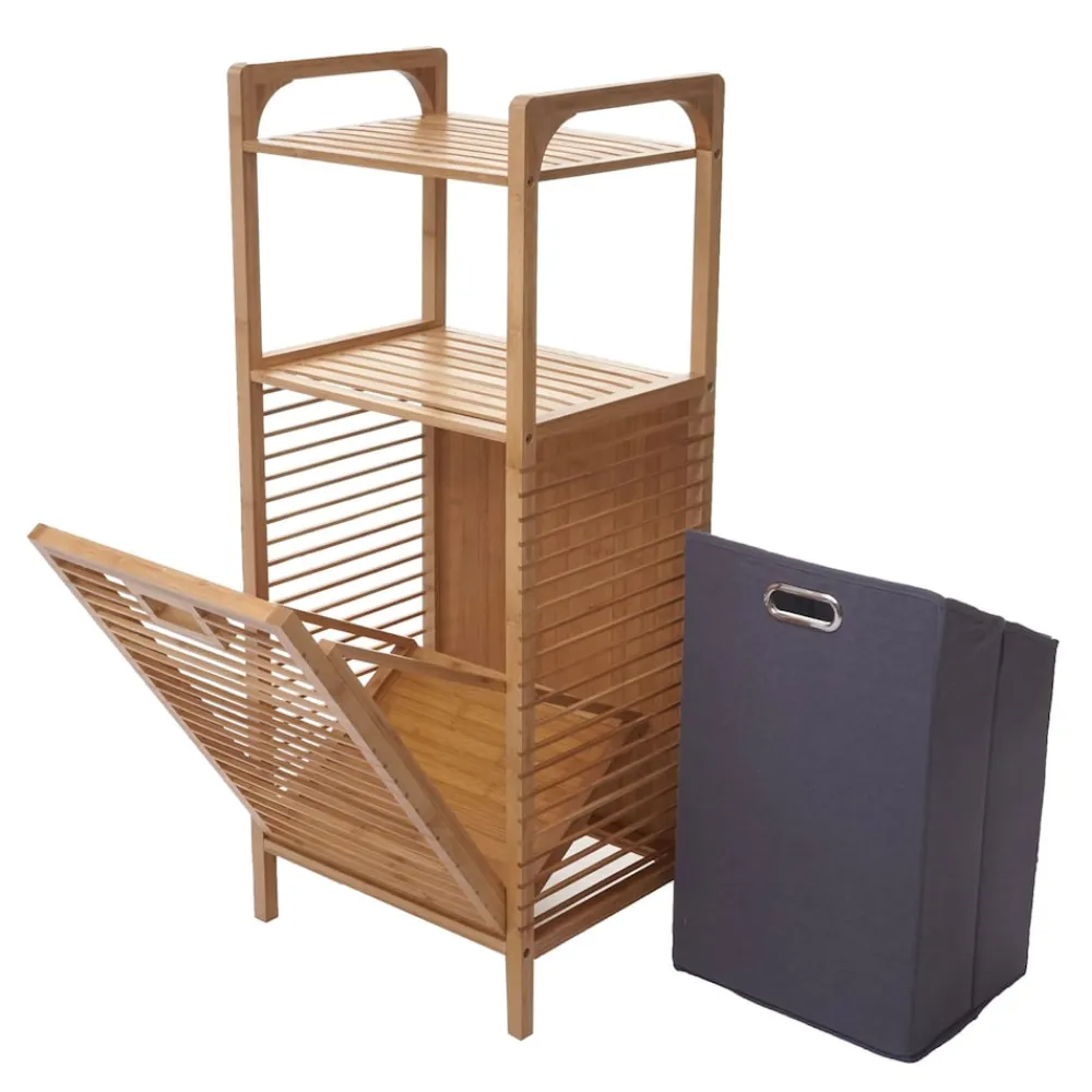 Regal mit Wäschekorb -B94, Wäschebox Wäschesammler Wäschebehälter Standregal Aufbewahrung, Bambus 95x40x30cm 28l ^ MCW Online