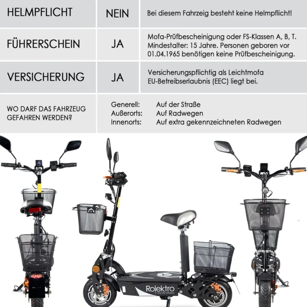 , E-Joy Elektro-Scooter 20 Lithium, Schwarz, 36V-20AH Akku, 500 Watt ^ Rolektro Clearance