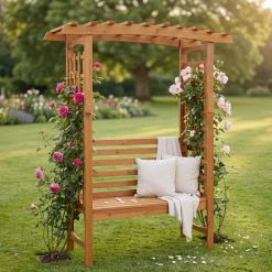 Rosenbogen mit Sitzbank -Q21, Gartenbogen Rankhilfe Bank Gartenbank Holz MVG-zertifiziert 201x160x60cm ~ natur ^ MCW Outlet