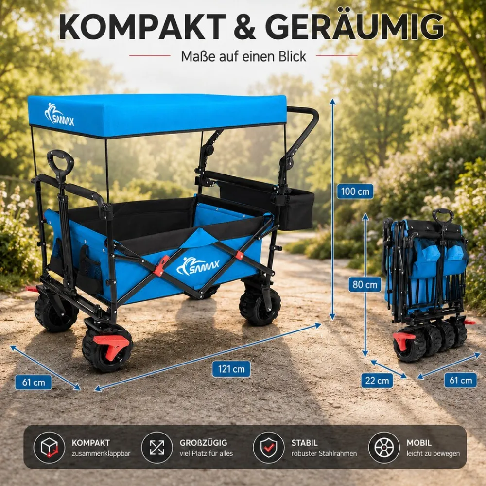 SAMAX Faltbarer Bollerwagen Offroad mit Dach - Blau Outlet