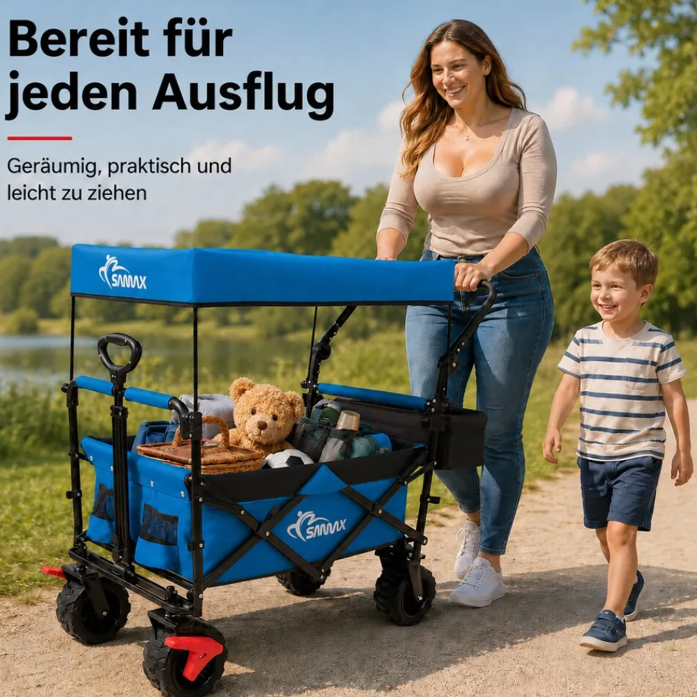 SAMAX Faltbarer Bollerwagen Offroad mit Dach - Blau Outlet