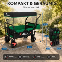 Faltbarer Bollerwagen Offroad mit Dach - Schwarz / Grün ^ SAMAX Clearance