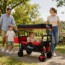 SAMAX Faltbarer Bollerwagen Offroad mit Dach - Schwarz / Rot Hot