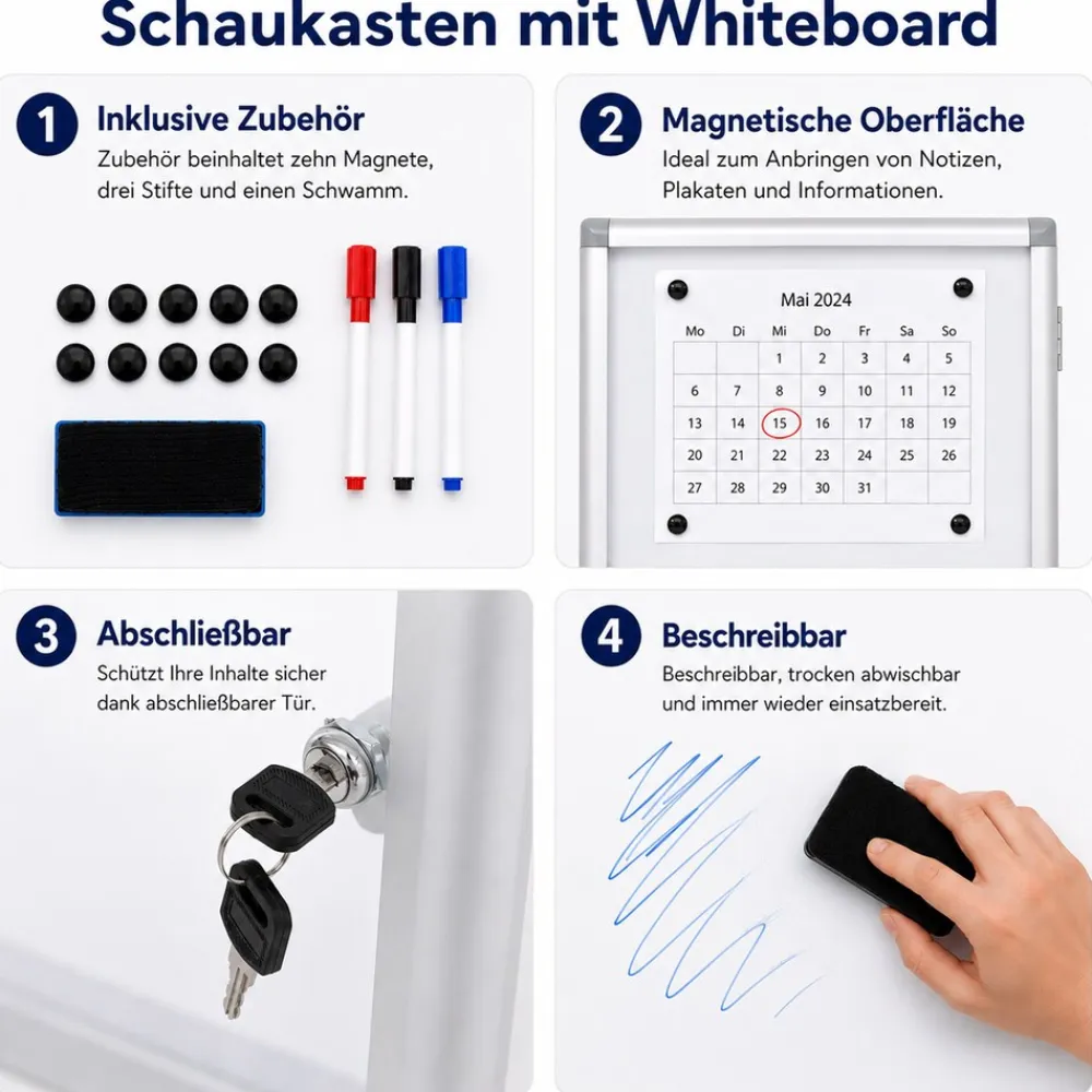Schaukasten -Q51, Magnettafel Whiteboard Memoboard Pinnwand, Aluminium abschließbar inkl. Zubehör 95x68x7cm ^ MCW Sale