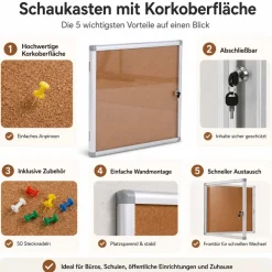 Schaukasten -Q51, Memoboard Pinnwand mit Korkoberfläche, Aluminium abschließbar inkl. Zubehör 65x68x7cm ^ MCW Hot