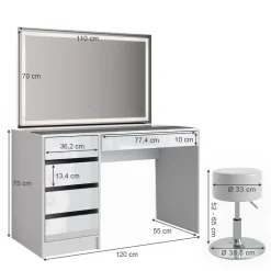 Schminktisch Sherry weiß hochglanz Frisiertisch LED Spiegel 5 Schubladen Kommode Hocker ^ Vicco New