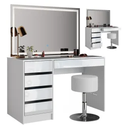 Schminktisch Sherry weiß hochglanz Frisiertisch LED Spiegel 5 Schubladen Kommode Hocker ^ Vicco New
