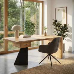 Schreibtisch 180 cm Massivholz Schublade Industrial Bürotisch Natur Holztisch ^ Finebuy