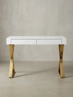 Schreibtisch – Hochglanz Weiß, 118x76x57 cm, goldene Metallbeine, 2 Schubladen ^ KADIMA DESIGN Sale