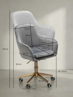 Schreibtischstuhl Samt drehbar mit Lehne, Schalenform, Rollen und Höhenverstellung, Grau 54x52x105 cm ^ KADIMA DESIGN New