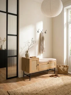 KADIMA DESIGN Schuhbank – Eiche-Dekor, 100x60x38 cm, Rattan-Elemente, gepolstert, mit Stauraum