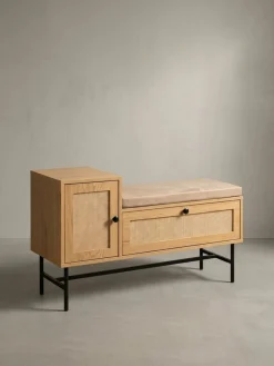 KADIMA DESIGN Schuhbank – Eiche-Dekor, 100x60x38 cm, Rattan-Elemente, gepolstert, mit Stauraum