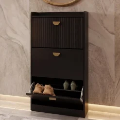 Schuhschrank -O39, Schuhkipper Schuhregal 3 Klappen Klappfächer MDF Melamin Metall 117x60x24cm ~ Holzoptik schwarz ^ MCW