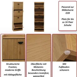 MCW Schuhschrank -O39, Schuhkipper Schuhregal 4 Klappen Klappfächer MDF Melamin Metall 147x50x24cm ~ natur Hot