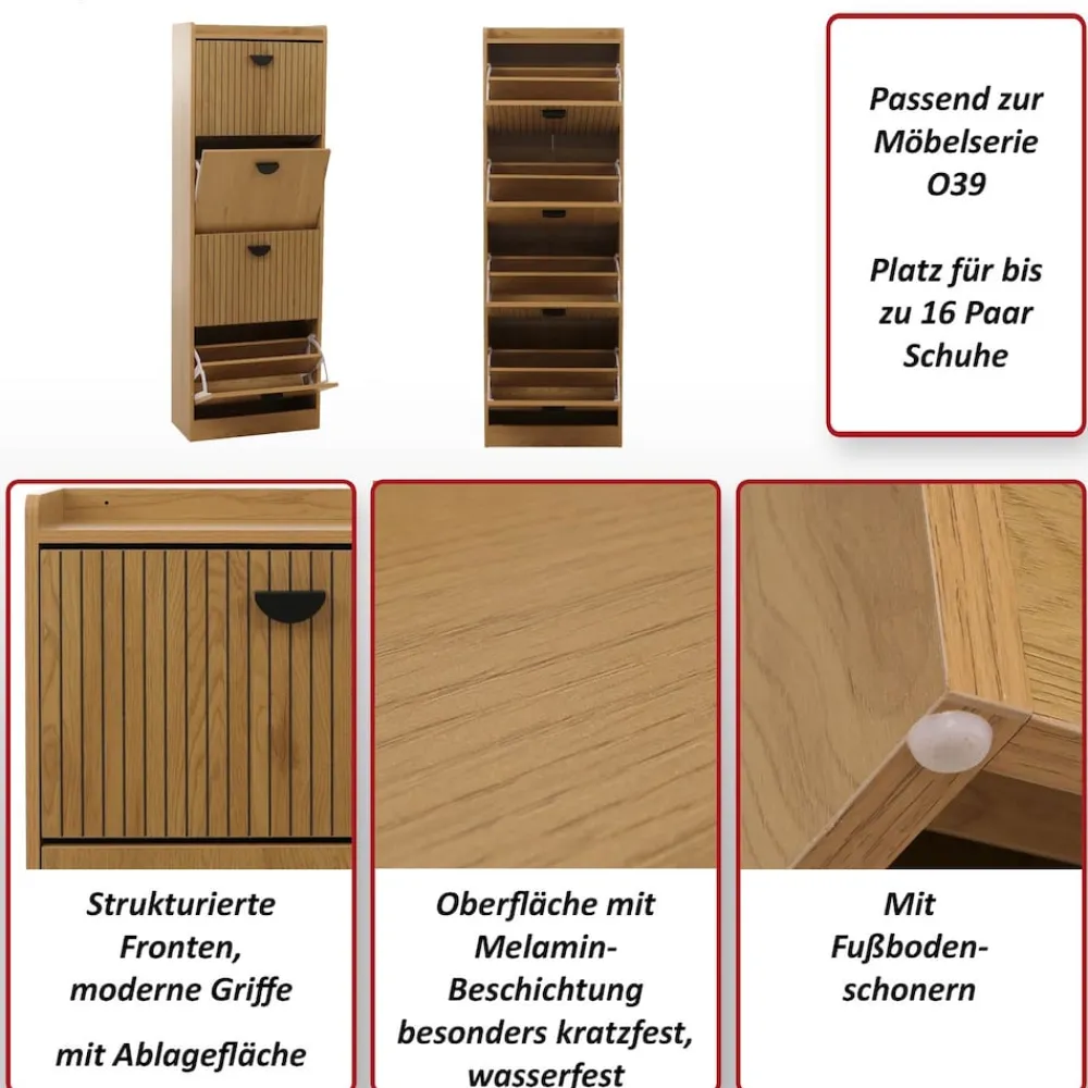 MCW Schuhschrank -O39, Schuhkipper Schuhregal 4 Klappen Klappfächer MDF Melamin Metall 147x50x24cm ~ natur Hot