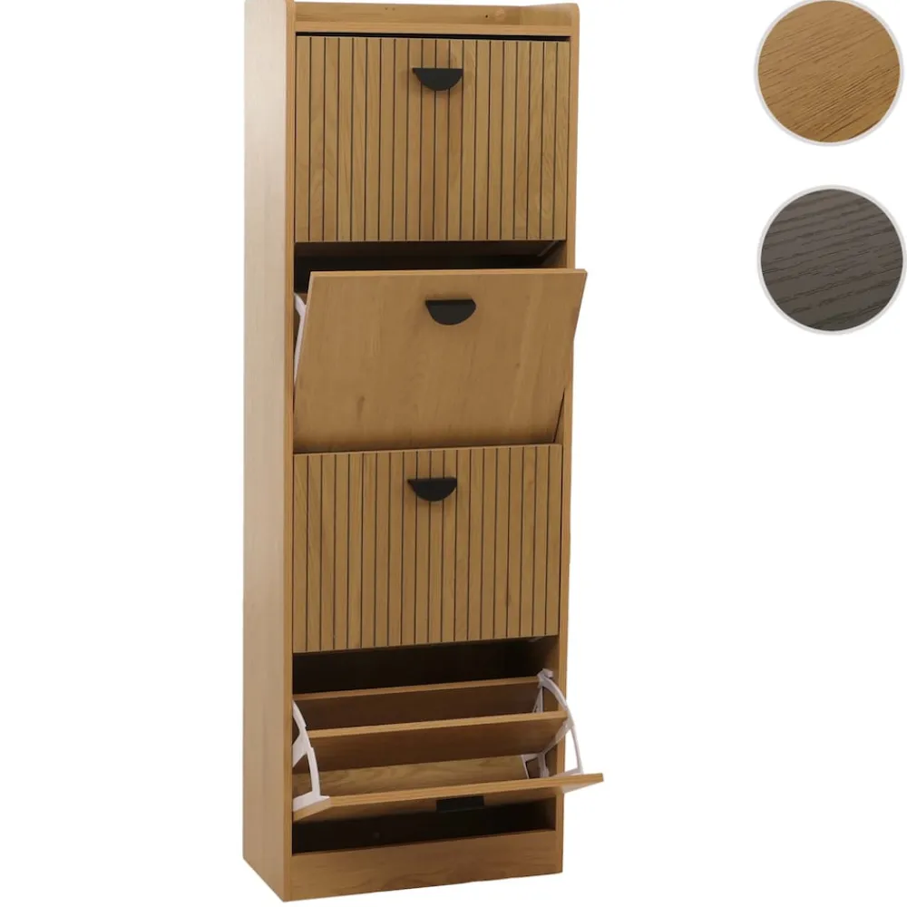 MCW Schuhschrank -O39, Schuhkipper Schuhregal 4 Klappen Klappfächer MDF Melamin Metall 147x50x24cm ~ natur Hot
