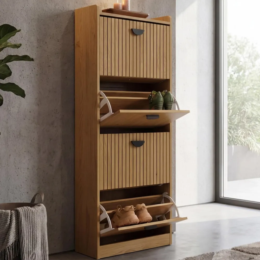 MCW Schuhschrank -O39, Schuhkipper Schuhregal 4 Klappen Klappfächer MDF Melamin Metall 147x50x24cm ~ natur Hot
