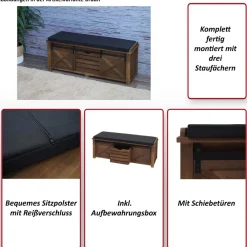 MCW Sitzbank mit Staufächern -H53, Polsterbank Sitz-Kommode, Shabby-Look Massiv-Holz Metall Stoff 43x102x33cm ~ weiß New