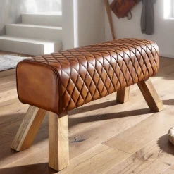 Sitzbank Turnbock Braun Echtleder Lederhocker Sprinbock Hocker Garderobenbank ^ Finebuy