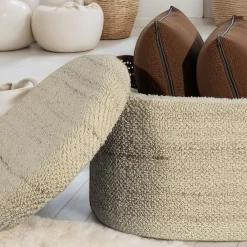 Finebuy Sitzhocker Polsterhocker Wolle mit Stauraum oval 81 cm Braun modern Hot
