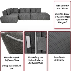 Sofa-Garnitur -Q28, L-Sofa Couch Loungesofa, Stoff Chenille (270 g/m²) Liegefläche links 60x310x150cm ~ grün ^ MCW Outlet