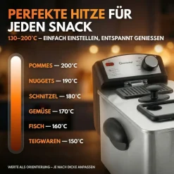Sommertal Fritteuse 3L 2000W Edelstahl – Öl Fritteuse 130–200°C mit Sichtfenster Discount