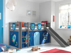 Spielbett Pino inkl. Rutsche mit Textilset Vorhang und 3 Taschen versch. Designs ^ vipack Clearance