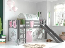 Spielbett Pino inkl. Rutsche mit Textilset Vorhang, Tunnel und 3 Taschen versch. Designs ^ vipack Discount