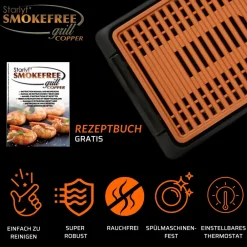 ® elektrischer Tischgrill - Elektrogrill - regelbares Thermostat Smokefree Copper Grill ^ Starlyf Hot