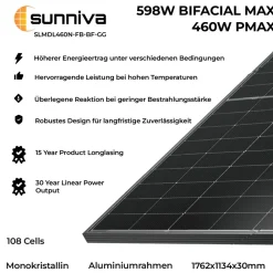 SUNNIVA ® Solarmodul 460 W FULL BLACK Bifazial Glas/Glas PV Modul Solarpanel - PMax 460W Bifacial N-Type, für Balkonkraftwerk oder PV Solar Anlage Discount