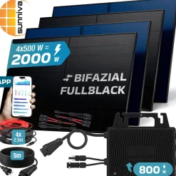 SUNNIVA ® 2000W Balkonkraftwerk BIFAZIAL FULLBLACK komplett Steckdose INVER ENERGY 800W Wechselrichter, PV Solaranlage, 4x 500W Glas Solarmodule, inkl. 5m Kabel, Bluetooth WIFI, Komplettset Discount