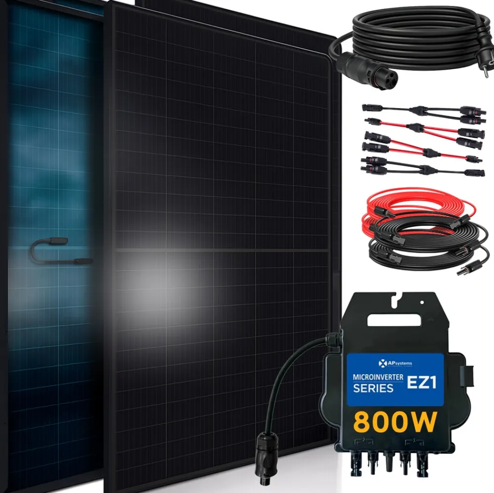 SUNNIVA ® 1840W Balkonkraftwerk BIFAZIAL FULLBLACK komplett Steckdose AP Systems EZ1-M 800 Watt Wechselrichter, Solaranlage Komplettset,4x460W Glas-Glas Bifacial Solarmodule, 5m Kabel,4x2,5m Solarkabel Sale