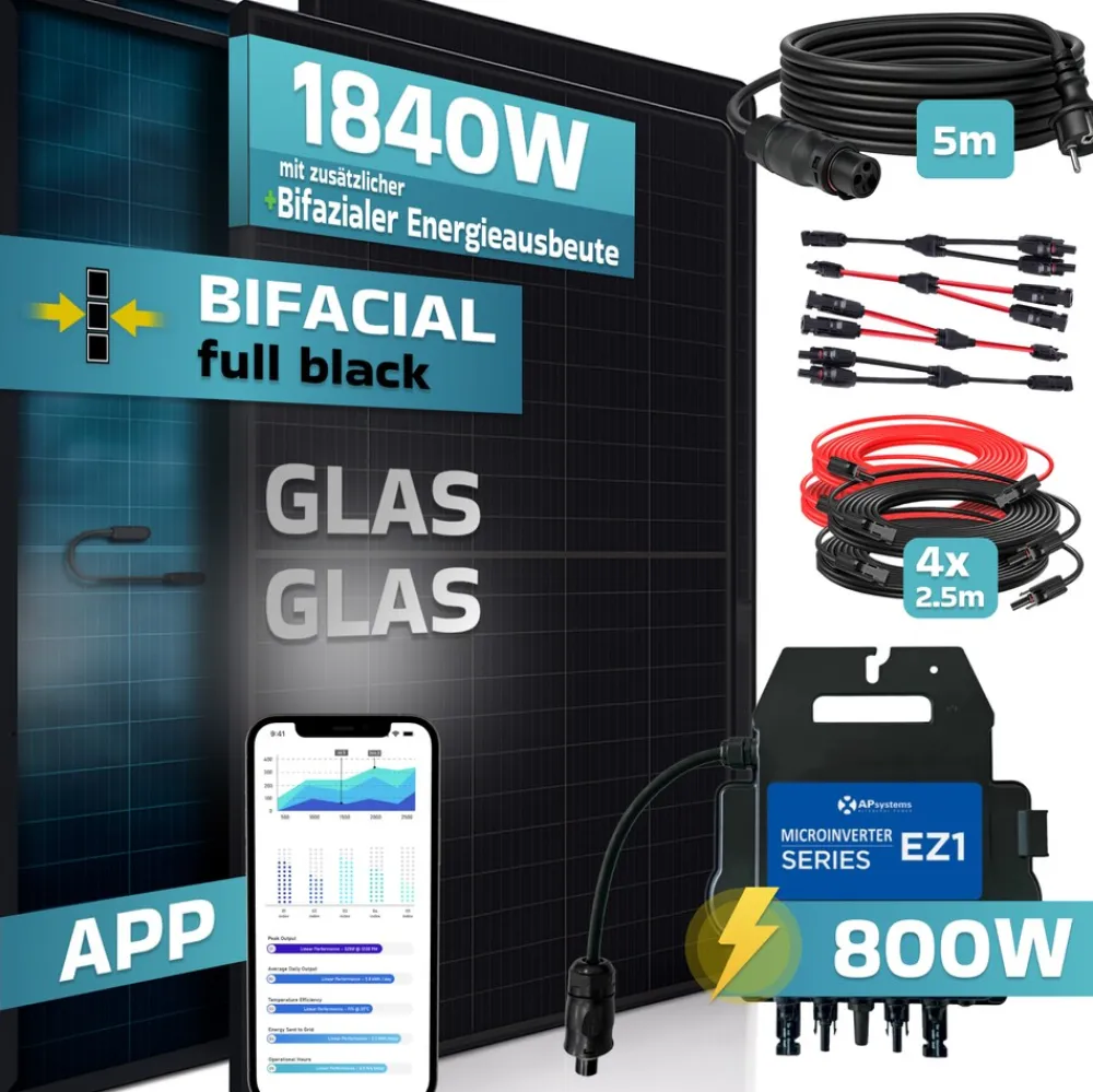 SUNNIVA ® 1840W Balkonkraftwerk BIFAZIAL FULLBLACK komplett Steckdose AP Systems EZ1-M 800 Watt Wechselrichter, Solaranlage Komplettset,4x460W Glas-Glas Bifacial Solarmodule, 5m Kabel,4x2,5m Solarkabel Sale