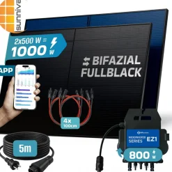 SUNNIVA ® 1000W Balkonkraftwerk BIFAZIAL FULLBLACK komplett Steckdose AP Systems EZ1-M 800 Watt Wechselrichter, Solaranlage Komplettset, 2x500W Glas Bifacial Solarmodule, 5m Kabel, 4x1m Solarkabel Clearance