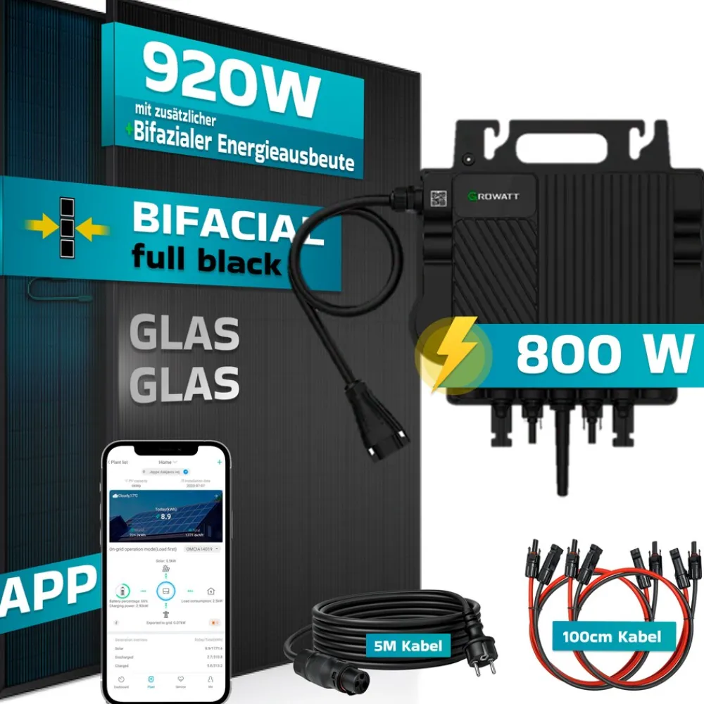 ® 920W Balkonkraftwerk BIFAZIAL FULLBLACK komplett Steckdose GROWATT NEO-800M-X Watt Wechselrichter, PV Solaranlage Komplettset,2x460W Glas-Glas Bifacial Solarmodule, 5m Kabel,4x1m Solarkabel ^ SUNNIVA Clearance