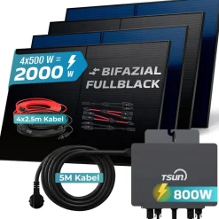 SUNNIVA ® 2000W Balkonkraftwerk BIFAZIAL FULLBLACK komplett Steckdose TSUN 800 Watt Wechselrichter, PV Solaranlage Komplettset, 4x 500W N-Type Glas Bifacial Solarmodule, 5m Kabel & 4x 2.5m Solarkabel Clearance
