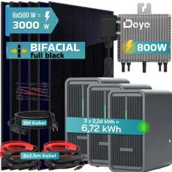 SUNNIVA ® 3000W Balkonkraftwerk Deye mit 6,72 kWh Speicher MARSTEK B2500-D, BIFAZIAL FULLBLACK komplett Steckdose, PV Solaranlage Komplettset mit Solarspeicher, 6x 500W N-Type Glas Bifacial Module Discount
