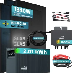 SUNNIVA ® 1840W Balkonkraftwerk mit 2,01 kWh Speicher TSUN SOLARCAN TSOL-DCU2000Lite, BIFAZIAL FULLBLACK komplett Steckdose, PV Solaranlage Komplettset mit Solarspeicher, 4x 460W Glas-Glas Bifacial Online