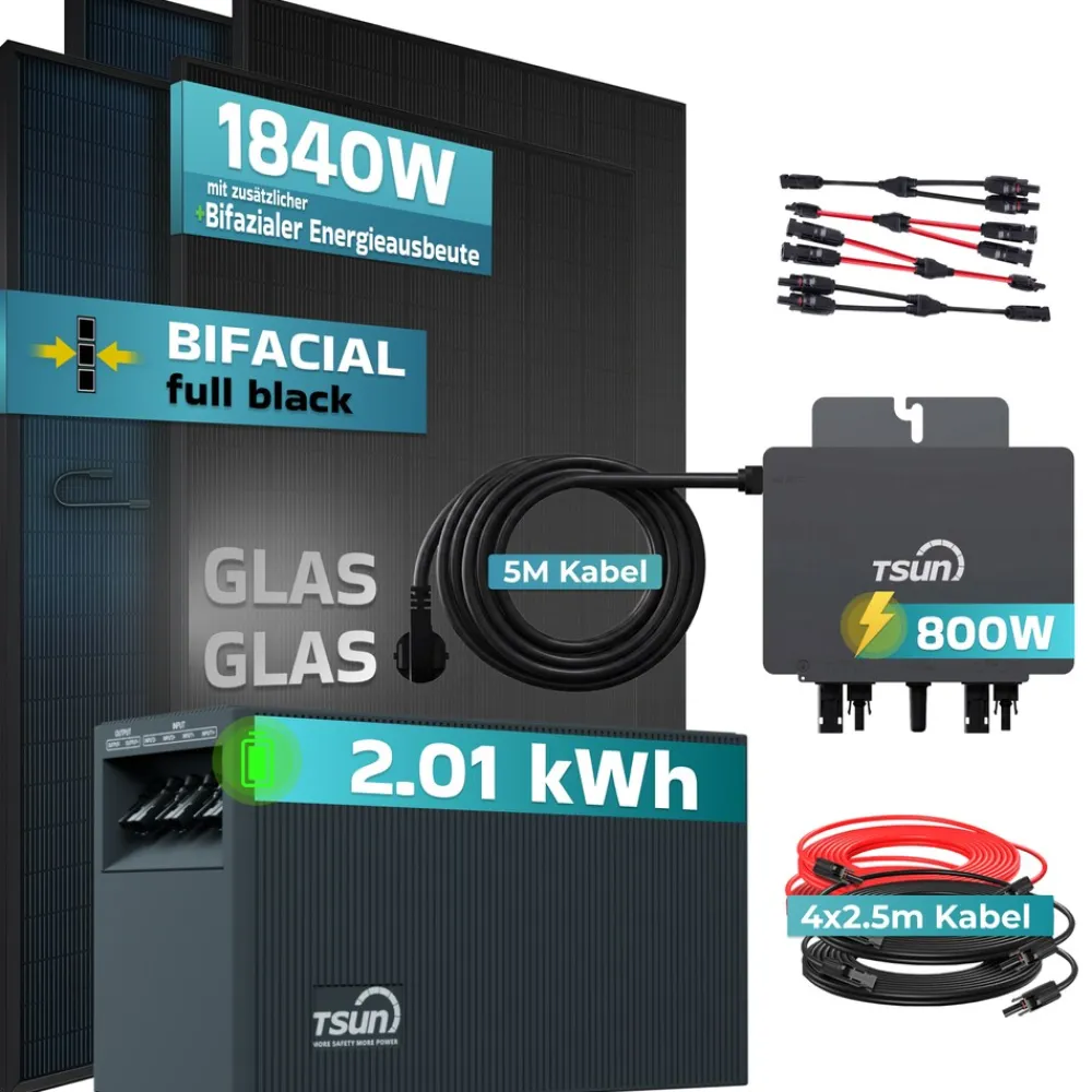 SUNNIVA ® 1840W Balkonkraftwerk mit 2,01 kWh Speicher TSUN SOLARCAN TSOL-DCU2000Lite, BIFAZIAL FULLBLACK komplett Steckdose, PV Solaranlage Komplettset mit Solarspeicher, 4x 460W Glas-Glas Bifacial Online